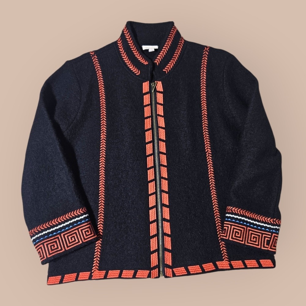 Venario XL Boiled 100% Wool Cardigan Sweater Zip Jacket Classic‎ Ethnic Jacquard